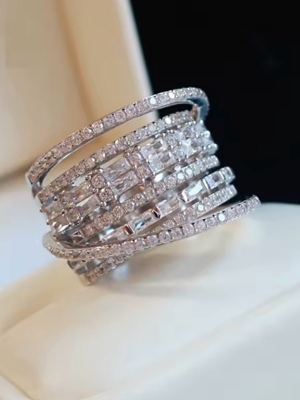 Multi-Row Crystal Statement Ring - Silver Tone Ring